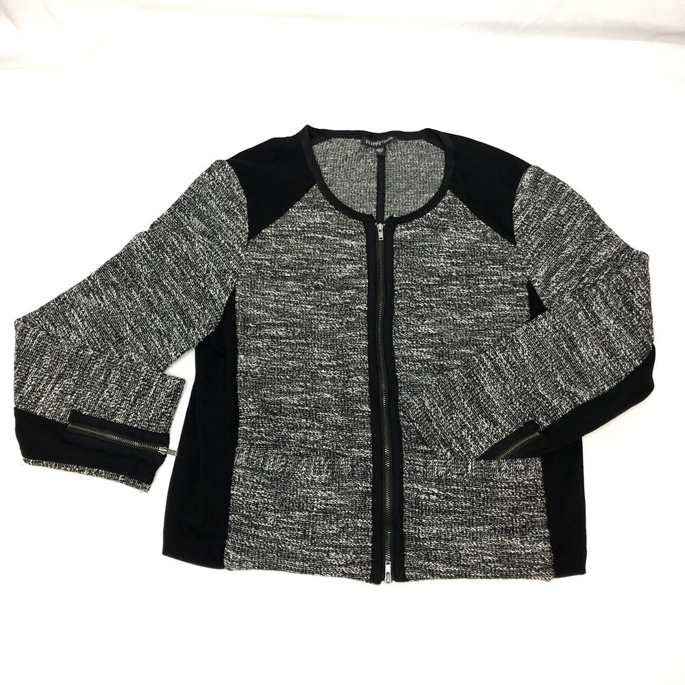 Eileen Fisher Black Tweedy Knit Sweater Jacket Ponte Sz L Full Zip Tweed Career